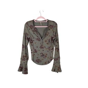 Free People Floral Ribbed Snap Henley Thermal Top M